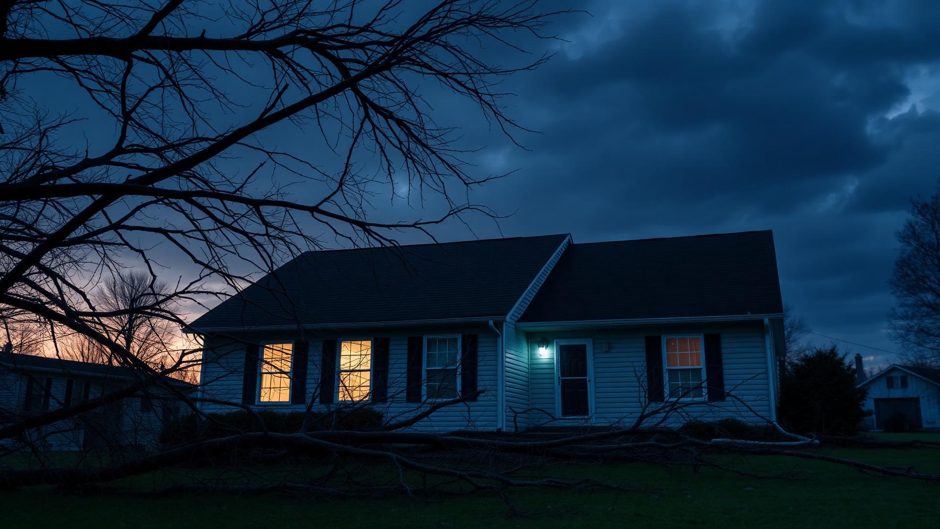 Storm-damaged Kentucky home at dusk